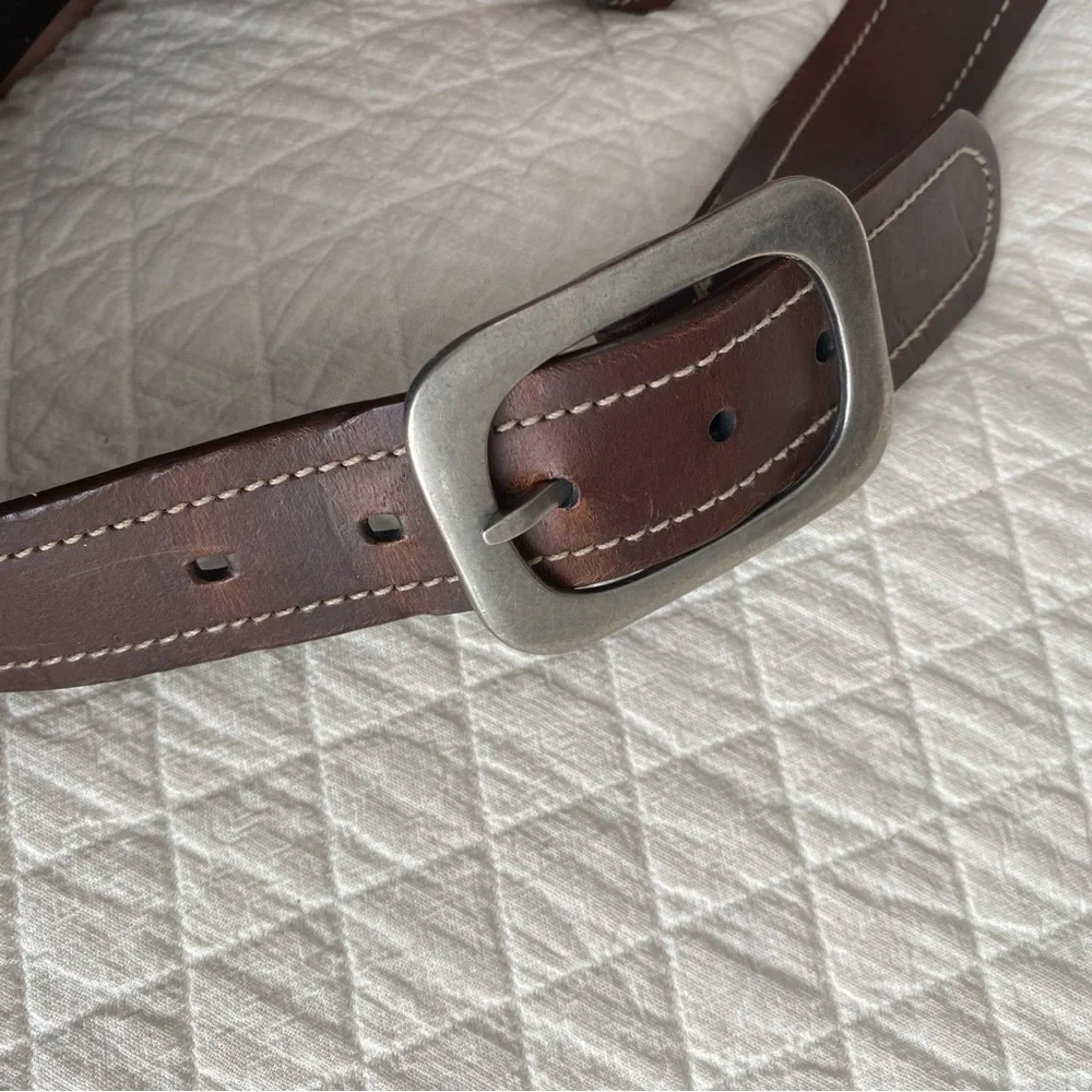 Classic Work Brown Leather Belt White Stitching Silver tone buckle men’s size XL